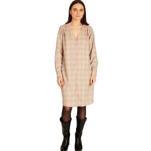 PEPALOVES SQUARES SHORT DRESS NUDE RELAXED FIT PINK GREEN PLAID PATTER POCKETS